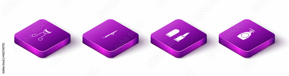 Set Isometric Eyelash curler, Curling iron, Lipstick and Bottle of liquid soap icon. Vector Set Isometric Eyelash curler, Curling iron, Lipstick and Bottle of liquid soap icon. Vector