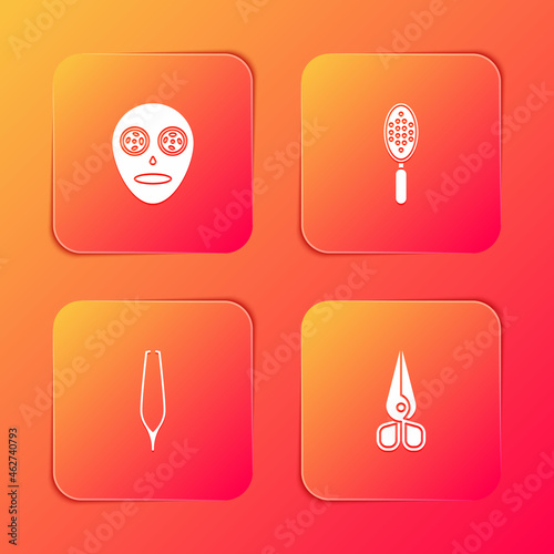 Set Facial cosmetic mask, Hairbrush, Eyebrow tweezers and Scissors icon. Vector