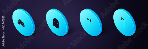 Set Isometric Medieval axe, , Executioner mask and Wooden four-wheel cart icon. Vector