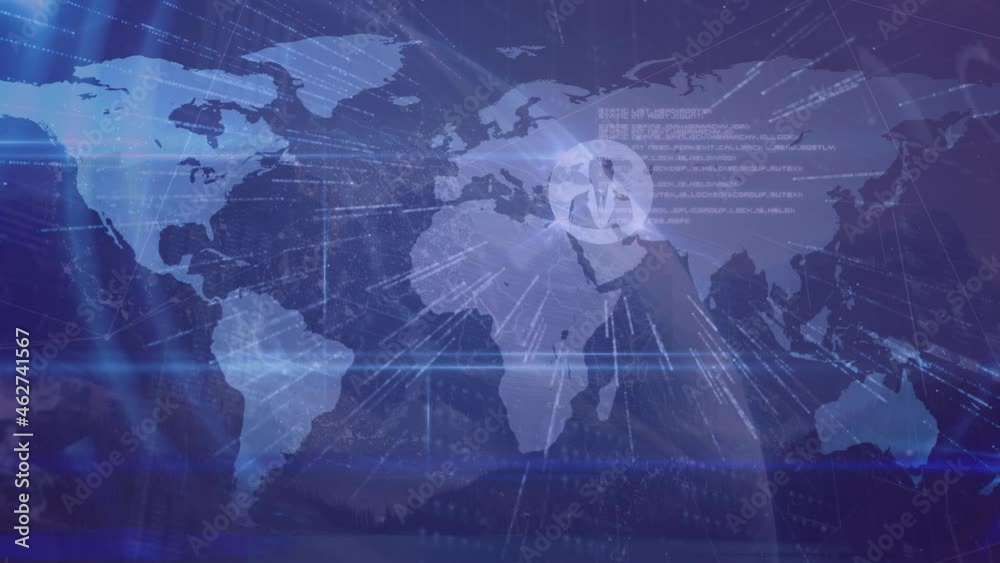 Animation of financial data processing and world map on blue background Animation of financial data processing and world map on blue background