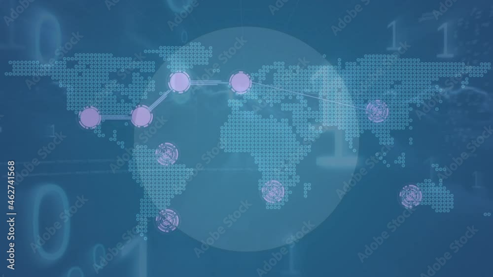 Animation of financial data processing and world map on blue background Animation of financial data processing and world map on blue background