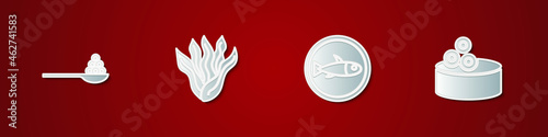 Set Caviar on a spoon, Seaweed, Served fish plate and Tin can with caviar icon. Vector