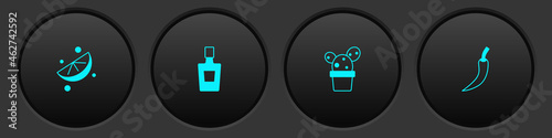 Set Sliced lime, Tequila bottle, Cactus or succulent in pot and Hot chili pepper pod icon. Vector