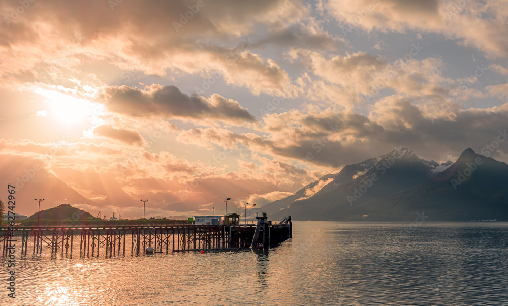 Fototapeta premium View of sunrise from Kelsey Dock , Valdez , Alaska.
