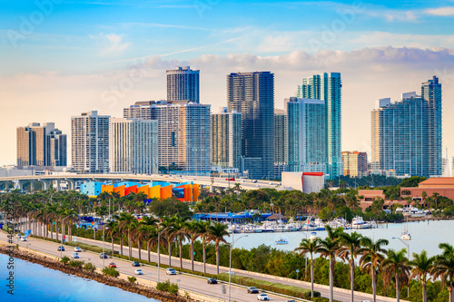 Miami, Florida, USA downtown skyline over MacAurther Causeway