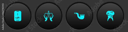 Set No smoking, Lungs, pipe and Tooth with caries icon. Vector