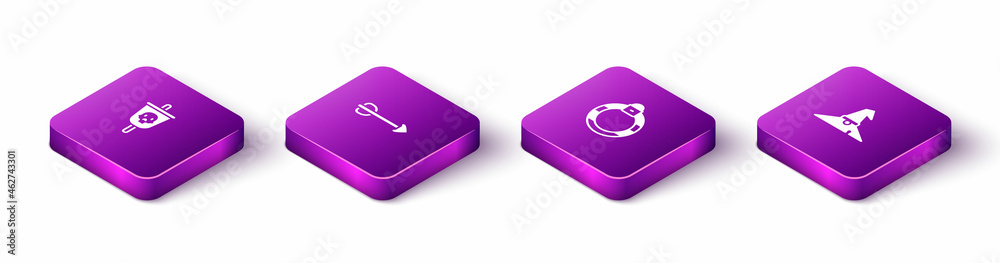 Set Isometric Pirate flag, Arrow, Magic stone ring and Witch hat icon. Vector Set Isometric Pirate flag, Arrow, Magic stone ring and Witch hat icon. Vector