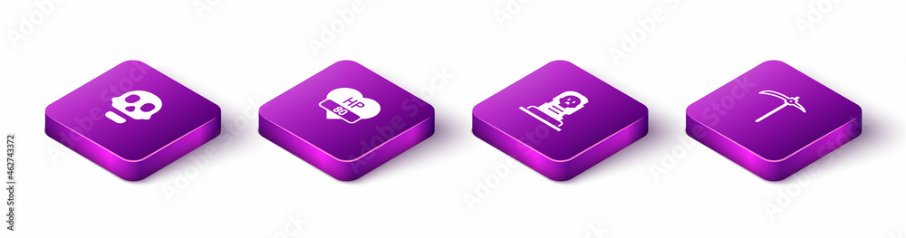 Set Isometric Skull, Video game bar, Grave with tombstone and Pickaxe icon. Vector Set Isometric Skull, Video game bar, Grave with tombstone and Pickaxe icon. Vector