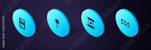 Set Isometric Bullet, Decree, parchment, scroll, Medieval chained mace ball and Card game collection icon. Vector