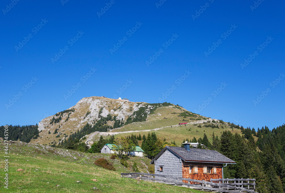Low angle view of Schafberg Railway on Himmelspforte Schafberg against clear blue sky Low angle view of Schafberg Railway on Himmelspforte Schafberg against clear blue sky