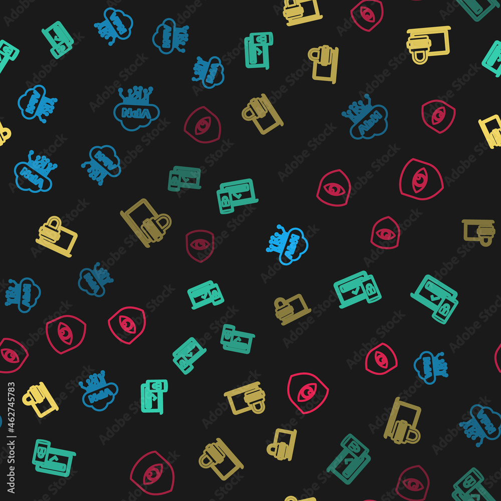 Set line Cloud VPN interface, Two steps authentication, Laptop with password and Shield and eye on seamless pattern. Vector Set line Cloud VPN interface, Two steps authentication, Laptop with password and Shield and eye on seamless pattern. Vector