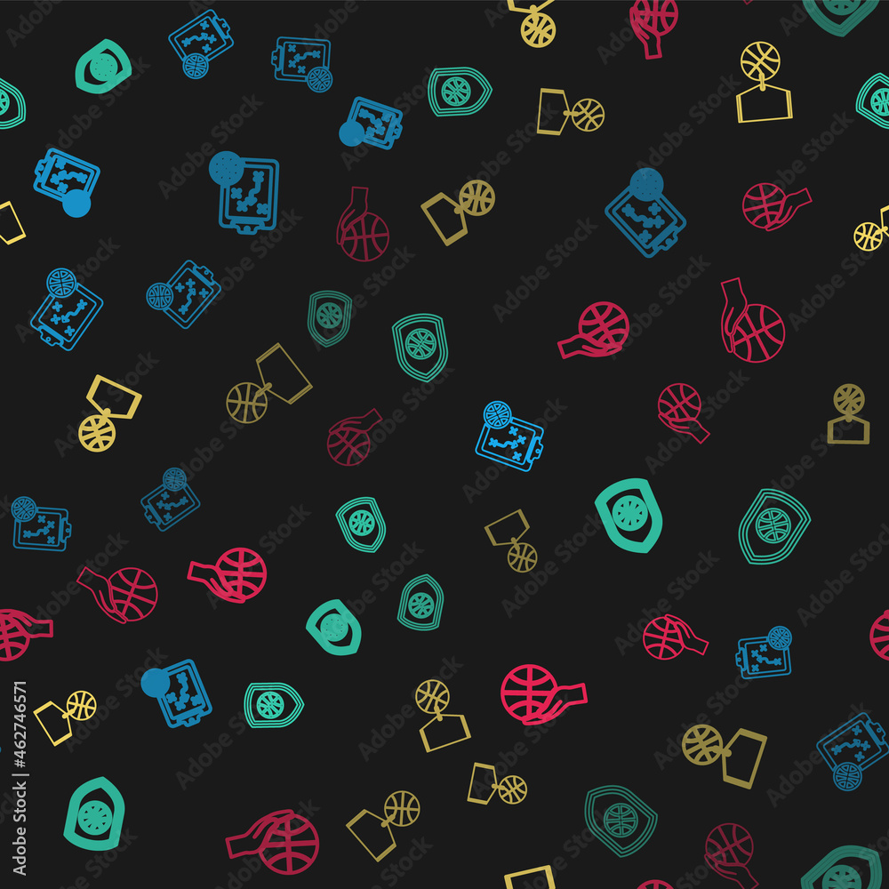 Set line Planning strategy, Shield the basketball ball, Basketball medal and Hand with on seamless pattern. Vector Set line Planning strategy, Shield the basketball ball, Basketball medal and Hand with on seamless pattern. Vector