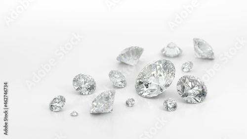白背景の沢山のダイヤモンドの3Dレンダリング