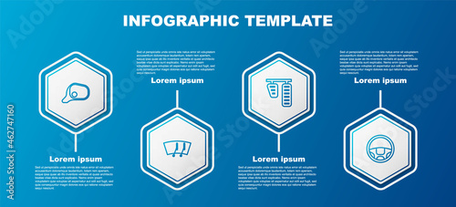 Set line Car mirror, Windscreen wiper, gas and brake pedals and Steering wheel. Business infographic template. Vector