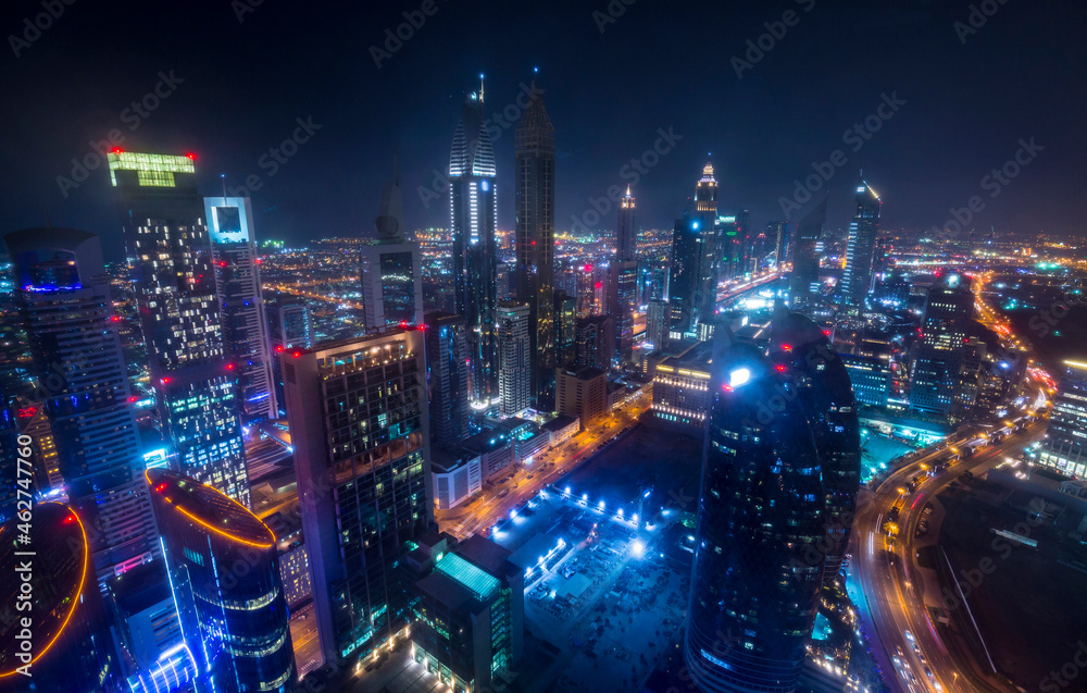 United Arab Emirates, Dubai, cityscape with Sheikh Zayed Road at night