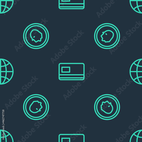 Set line Credit card, Coin money and Worldwide on seamless pattern. Vector