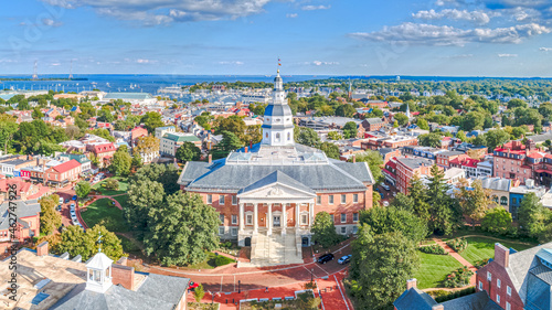 Aerial drone of Maryland State House, Annapolis with city
 photo