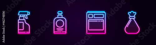 Set line Spray bottle with detergent liquid, Hand sanitizer, Kitchen dishwasher machine and Garbage bag. Glowing neon icon. Vector