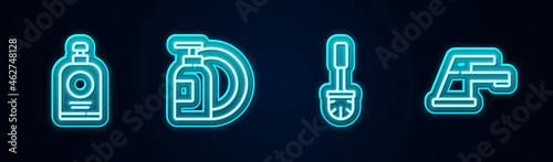 Set line Hand sanitizer bottle, Dishwashing liquid plate, Toilet brush and Water tap. Glowing neon icon. Vector