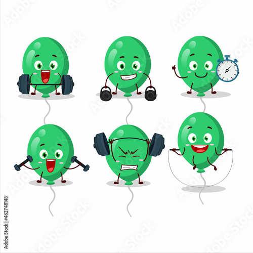A healthy green balloons cartoon style trying some tools on Fitness center