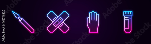Set line Medical surgery scalpel, Crossed bandage plaster, rubber gloves and Test tube with blood. Glowing neon icon. Vector