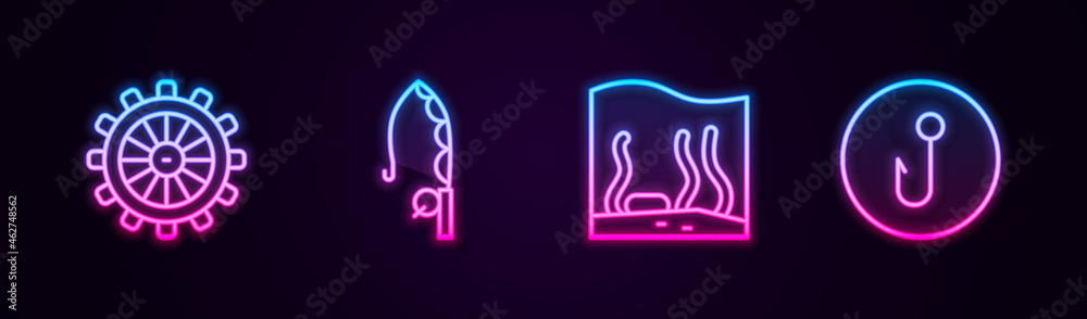 Set line Ship steering wheel, Fishing rod, Aquarium and hook. Glowing neon icon. Vector