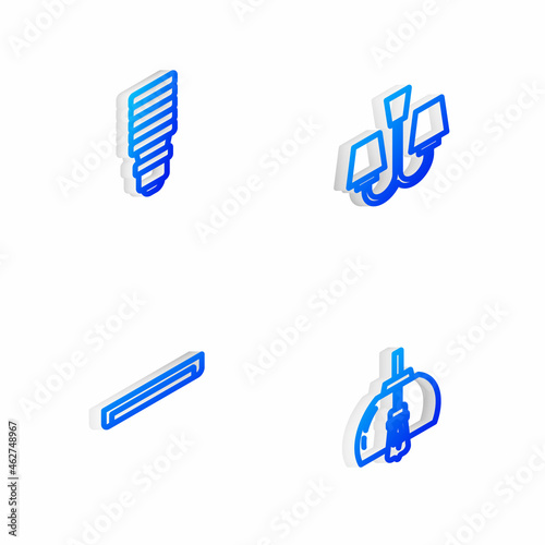 Set Isometric line Chandelier, LED light bulb, Fluorescent lamp and icon. Vector