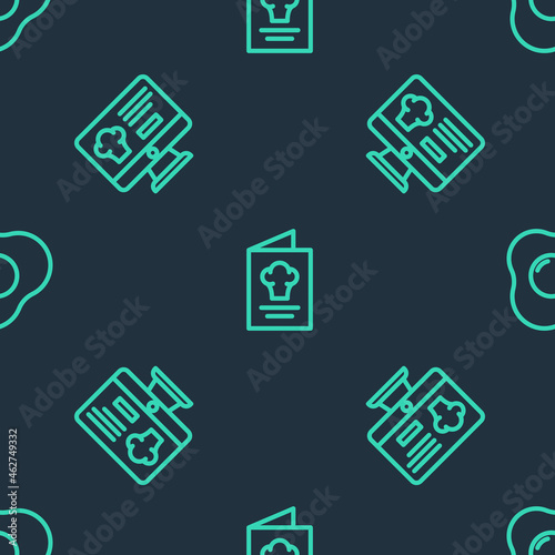 Set line Cookbook, Online ordering and delivery and Scrambled eggs on seamless pattern. Vector