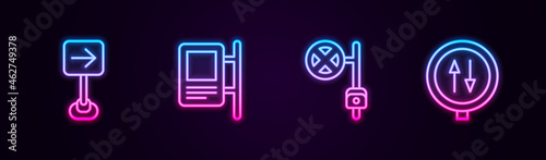 Set line Traffic sign turn right, Road traffic, Stop with camera and warning two way. Glowing neon icon. Vector