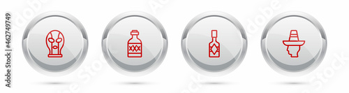 Set line Mexican wrestler, Tequila bottle, Tabasco sauce and man sombrero. Silver circle button. Vector