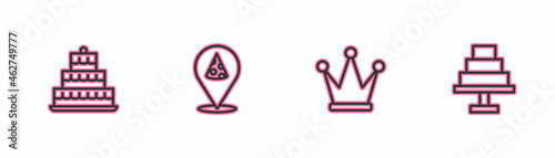 Set line Cake with burning candles, Crown, Slice of pizza and icon. Vector