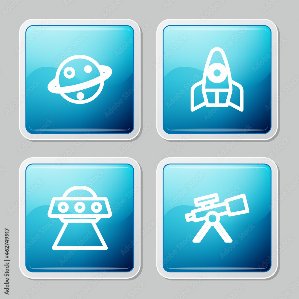 Set line Planet Saturn, Rocket ship, UFO flying spaceship and Telescope icon. Vector