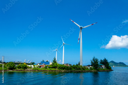 Seychelles, Mahe, wind wheels at harbour photo
