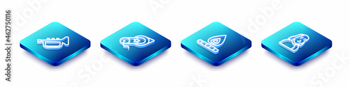 Set Isometric line Trumpet, Firework, Campfire and Benjamin Franklin icon. Vector
