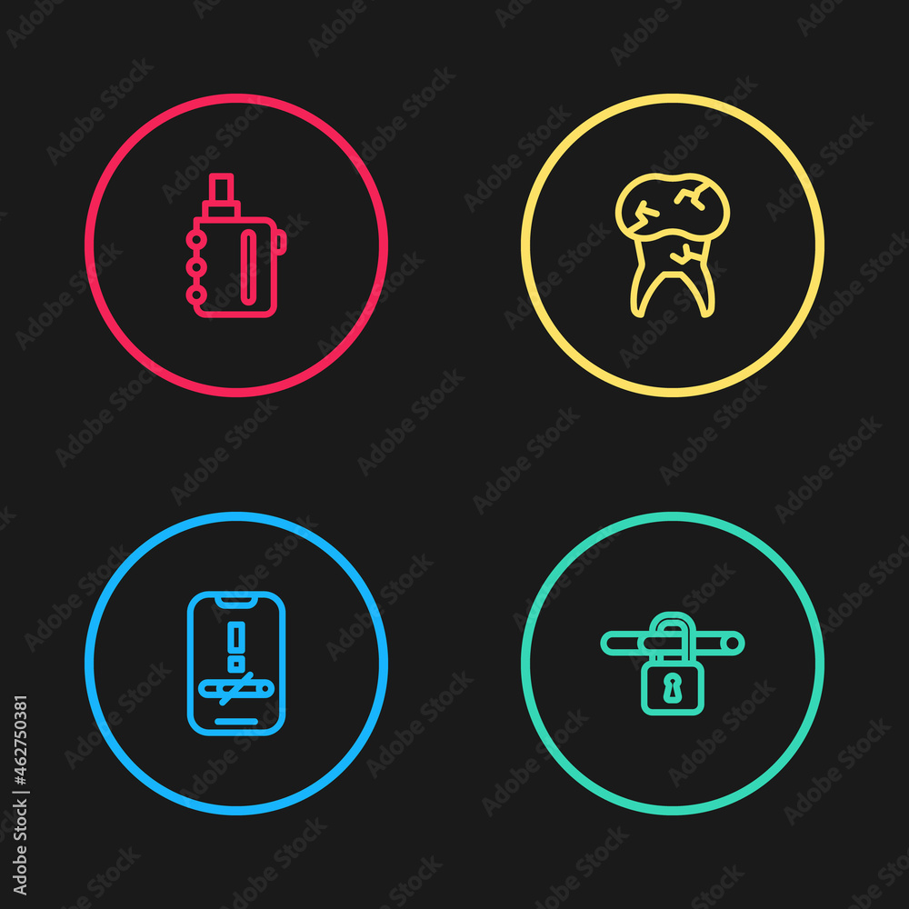 Set line No smoking, , Tooth with caries and Electronic cigarette icon. Vector Set line No smoking, , Tooth with caries and Electronic cigarette icon. Vector