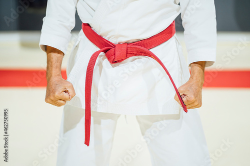 Mid section of a karateka in gym photo