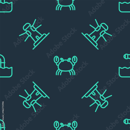 Set line Crab, Lighthouse and Periscope on seamless pattern. Vector