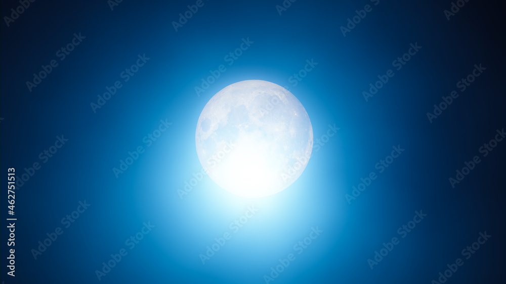 Beautiful shiny full moon is glowing in the haze of dark blue sky. 3d rendered abstract lunar background Beautiful shiny full moon is glowing in the haze of dark blue sky. 3d rendered abstract lunar background