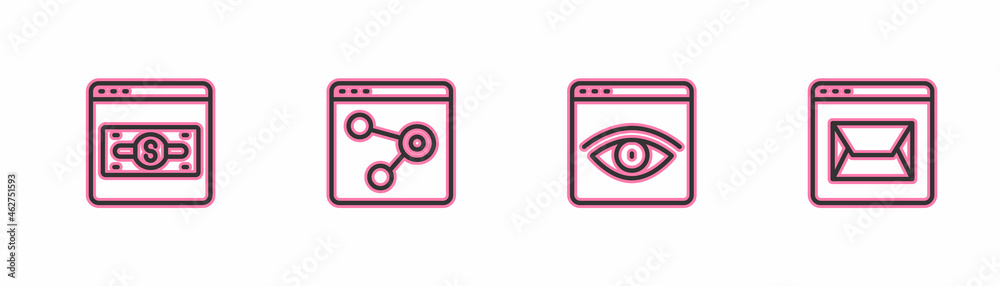 Set line Online shopping on screen, Browser incognito window, and Website and mail icon. Vector