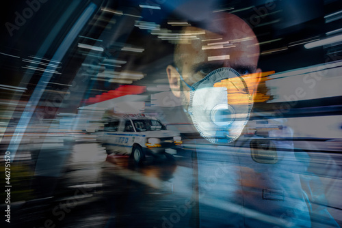 Wallpaper Mural Policeman wearing face mask, watching over NYC, USA,  multiple exposure Torontodigital.ca
