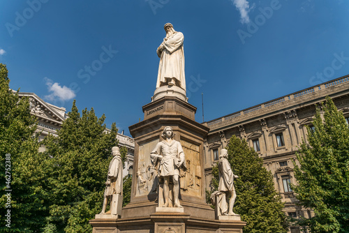 Italy, Milan, monument to Leonardo da Vinci on Piazza della Scala photo