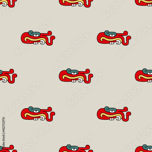 Seamless animal pattern with heads of fantastic dragon monsters. Native American animal design of Aztec Indians from Mexican codex. On white background.