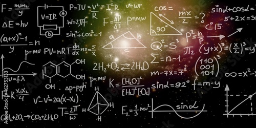 Mathematical and physical formulas against the background of a galaxy in universe. Space Background, science