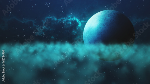 Fototapeta Naklejka Na Ścianę i Meble -  Abstract Dark Blue Spooky Above The Clouds With Moon And Cloudy Hazy Nebula Starry Night Sky Horror Shining Background