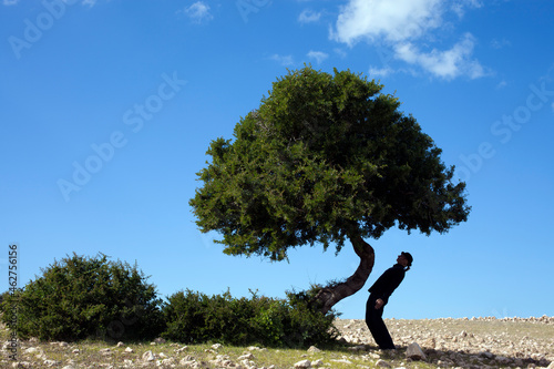 Morocco, Sidi Kaouki, man wearing a bowler hat standing crooked at a tree photo