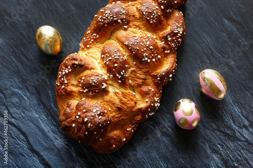 Homemade Easter plait and Easter eggs, from above photo