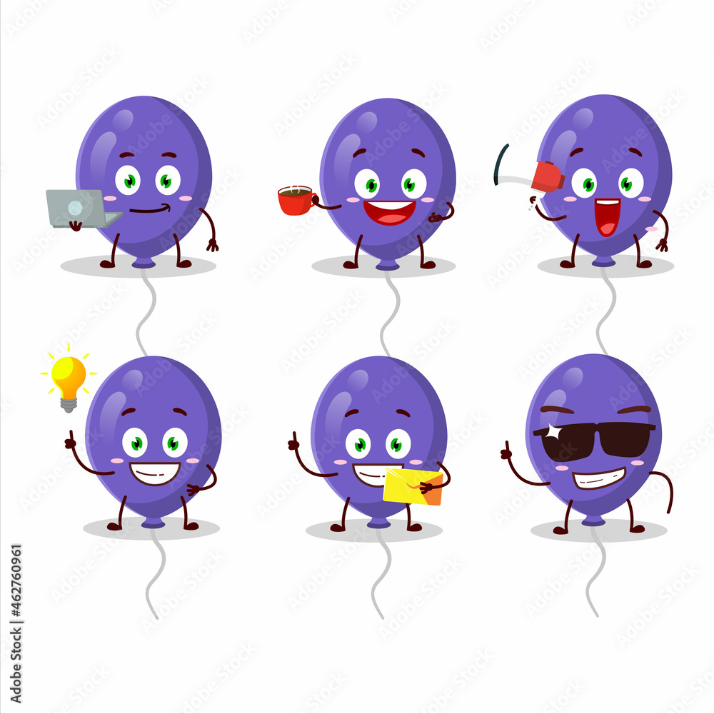 Purple balloons cartoon character with various types of business emoticons