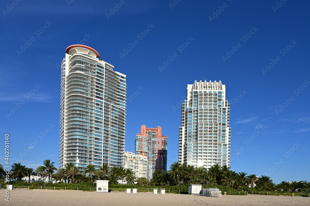 South Beach residential buildings in Miami Beach, Florida in early clear summer light. South Beach residential buildings in Miami Beach, Florida in early clear summer light.