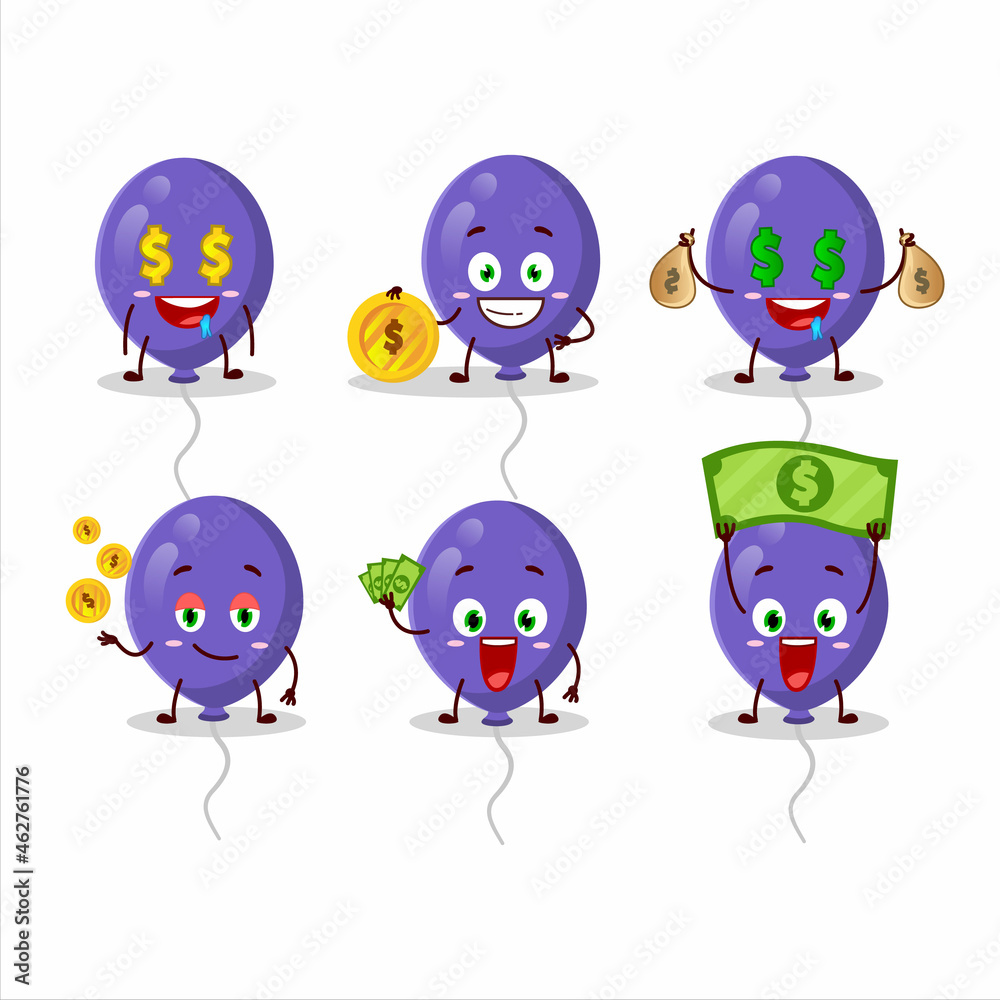 Purple balloons cartoon character with cute emoticon bring money Purple balloons cartoon character with cute emoticon bring money