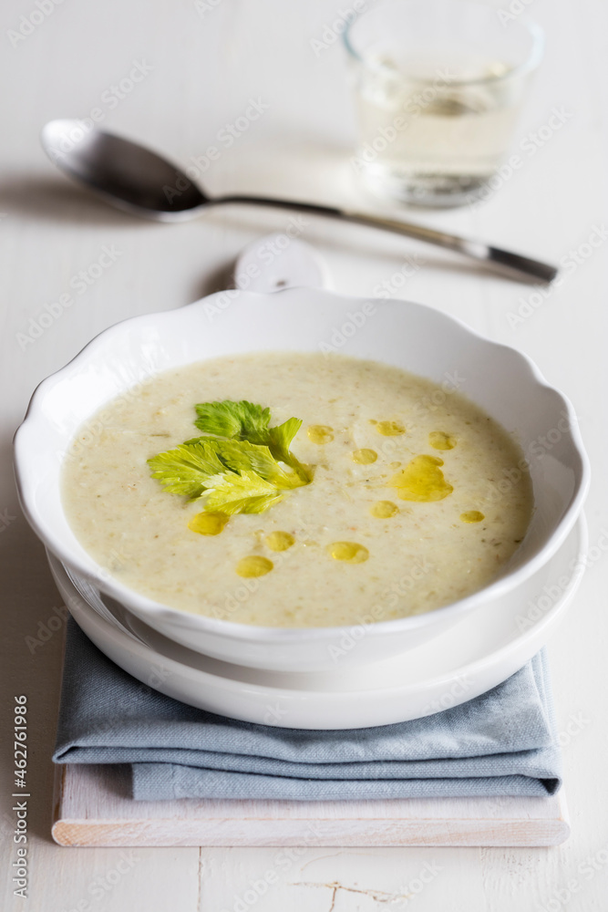 Bowl of vegetarian cream soup with oats and celery Bowl of vegetarian cream soup with oats and celery